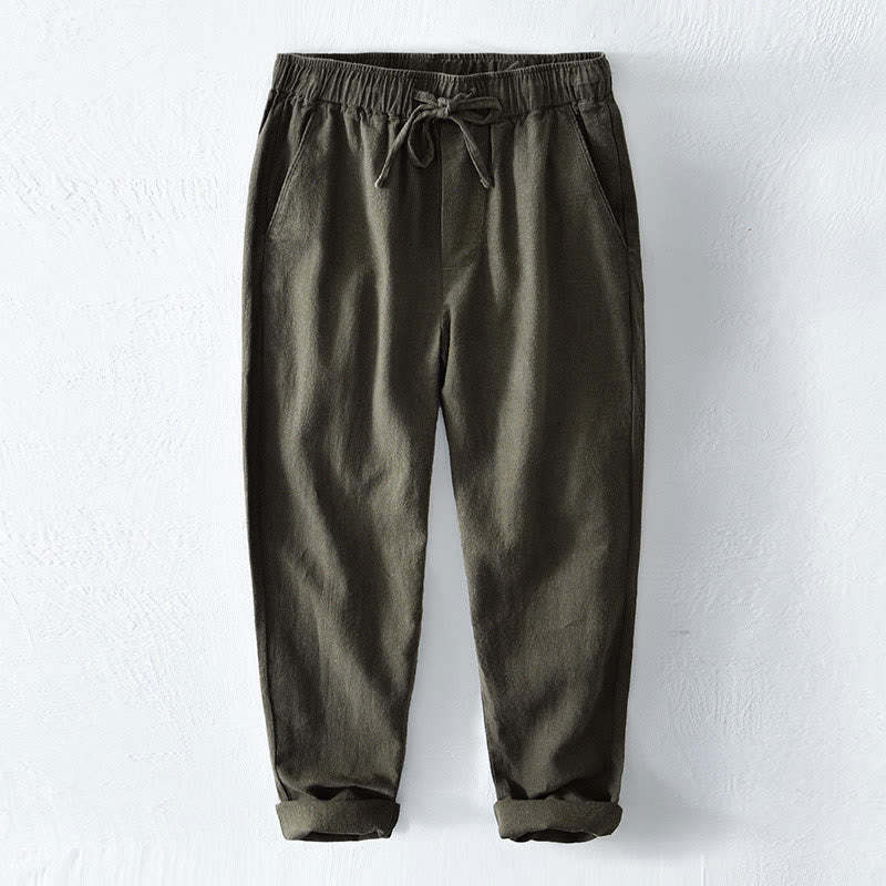 Casual Solid Color Simple Design Drawstring Ramie Linen Men's Pants With Pockets