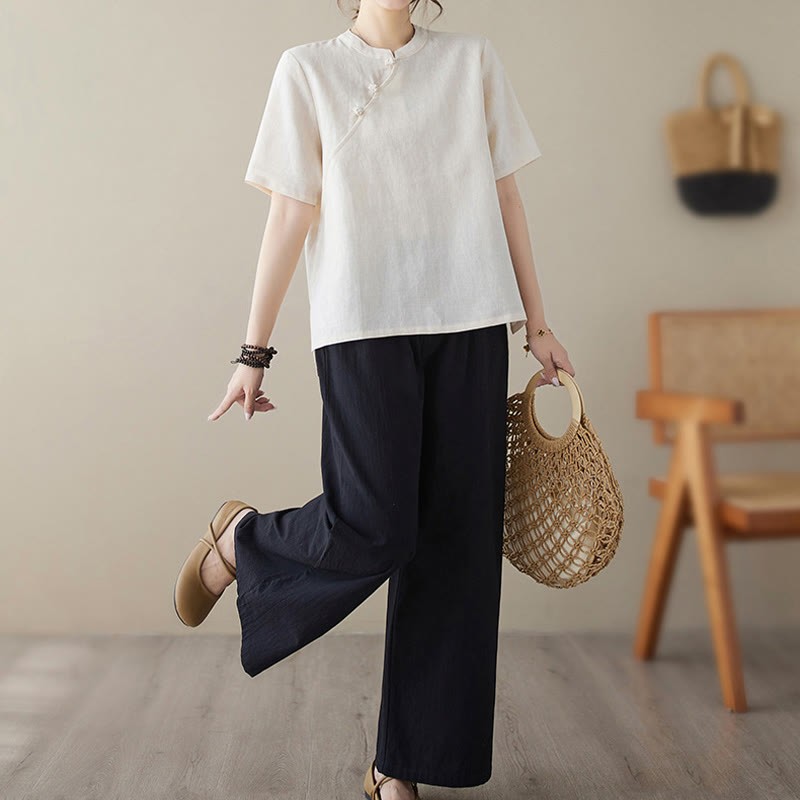 Solid Color Frog-Button Short Sleeve Cotton Linen Shirt