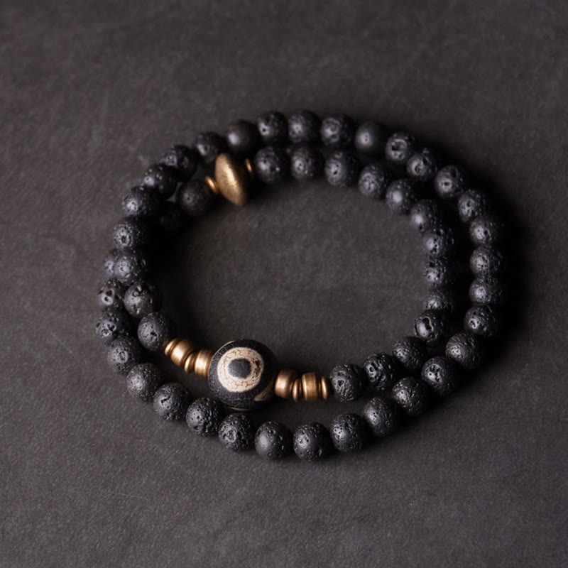 Vintage Lava Rock Three-eyed Dzi Bead Copper Brass Beads Double Wrap Healing Bracelet