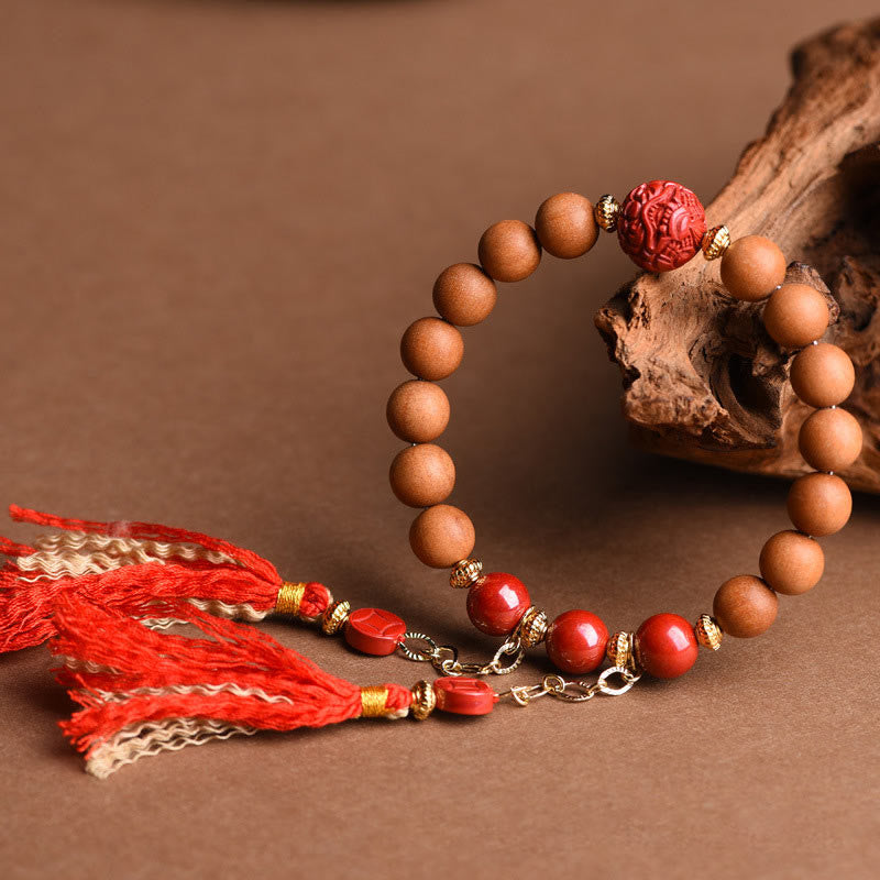 Tibetan Natural Peach Wood Cinnabar PiXiu Wealth Tassels Bracelet