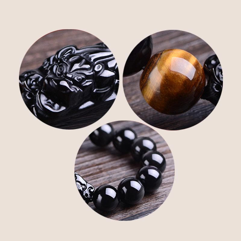 Natural Black Obsidian PiXiu Tiger's Eye Strength Bracelet