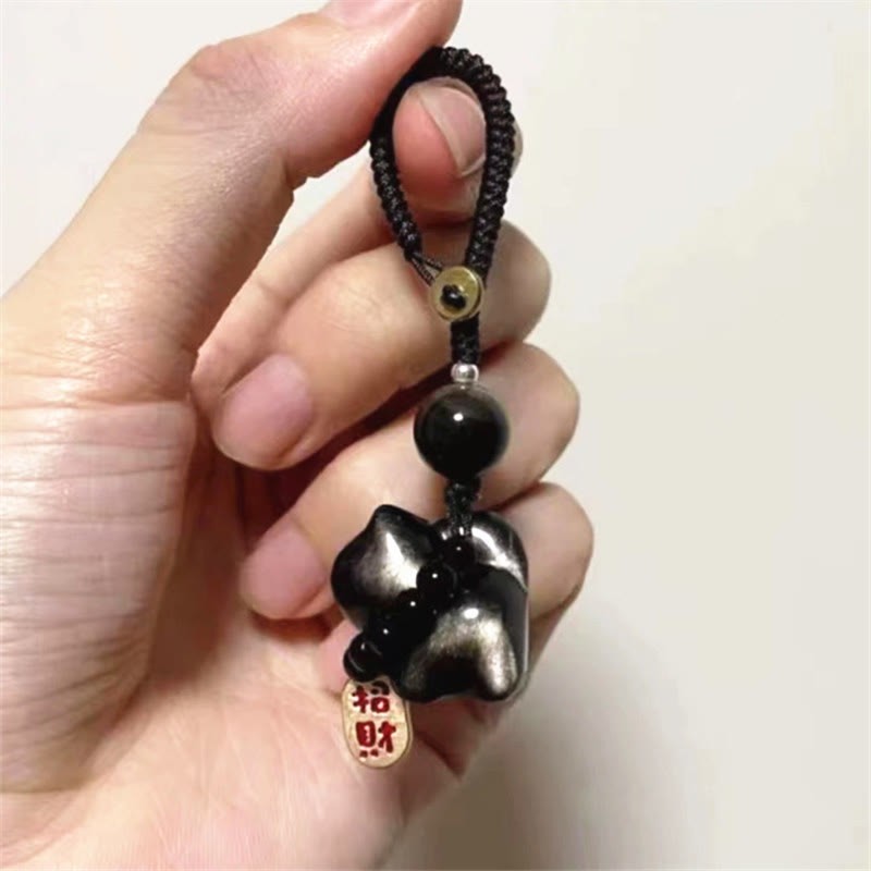 Silver Sheen Obsidian Black Obsidian Gold Sheen Obsidian Cute Cat Fu Character Protection Key Chain Phone Hanging Decoration