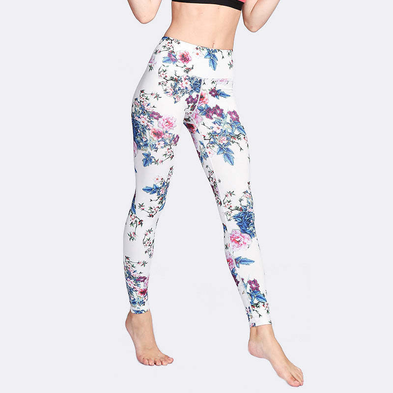 Pink Flower White Colorful Ink White Print Leggings Sports Fitness Yoga Women's Pants