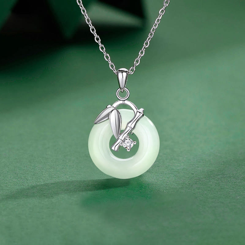 925 Sterling Silver Hetian Jade Bamboo Leaf Peace Buckle Prosperity Necklace Pendant
