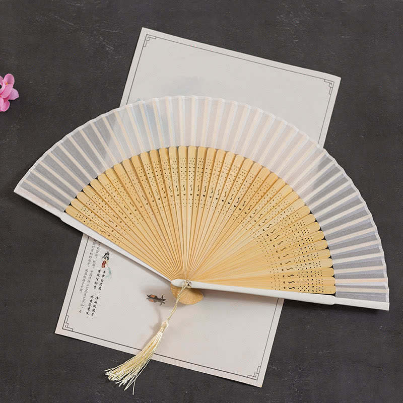 Cranes Auspicious Clouds Solid Color Gradient Handheld Cotton Linen Fabric Bamboo Folding Fan