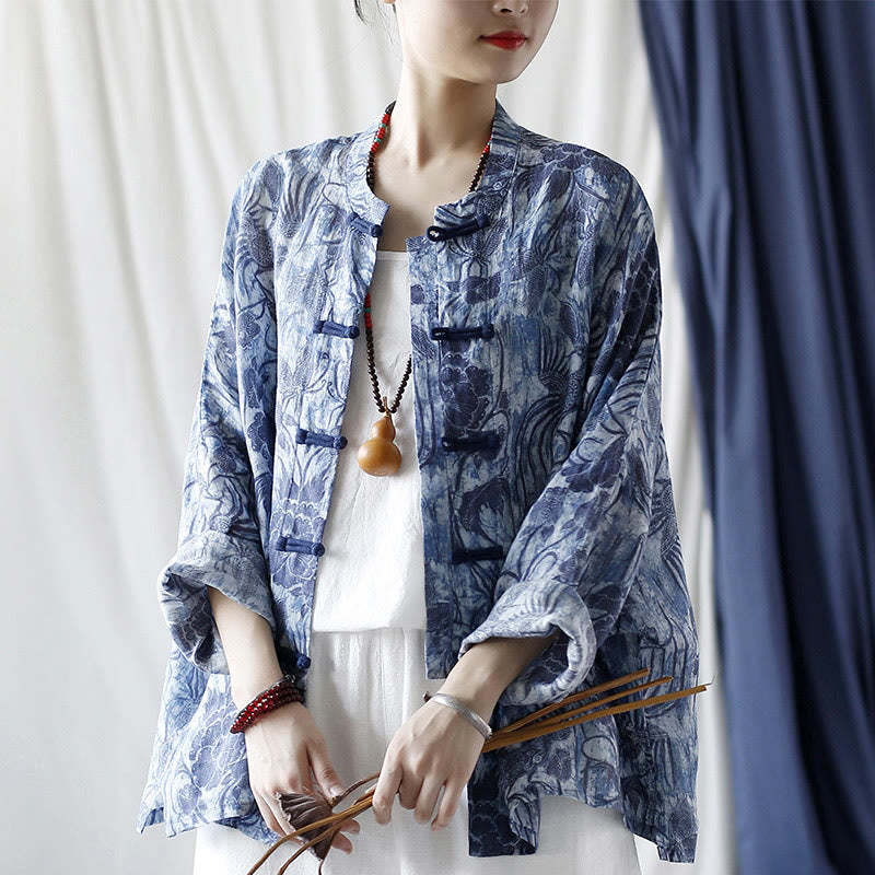 Retro Blue White Flowers Frog-Button Design Long Sleeve Ramie Linen Jacket Shirt
