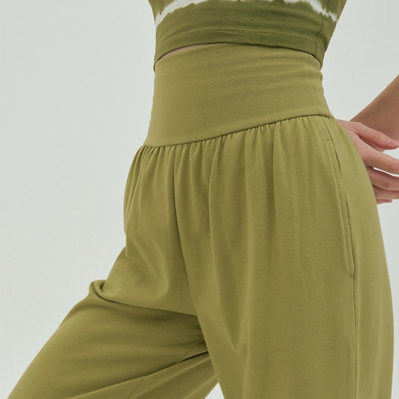 Casual Loose Tie-down Hem Plain High Waist Women's Leica Pants With Pockets