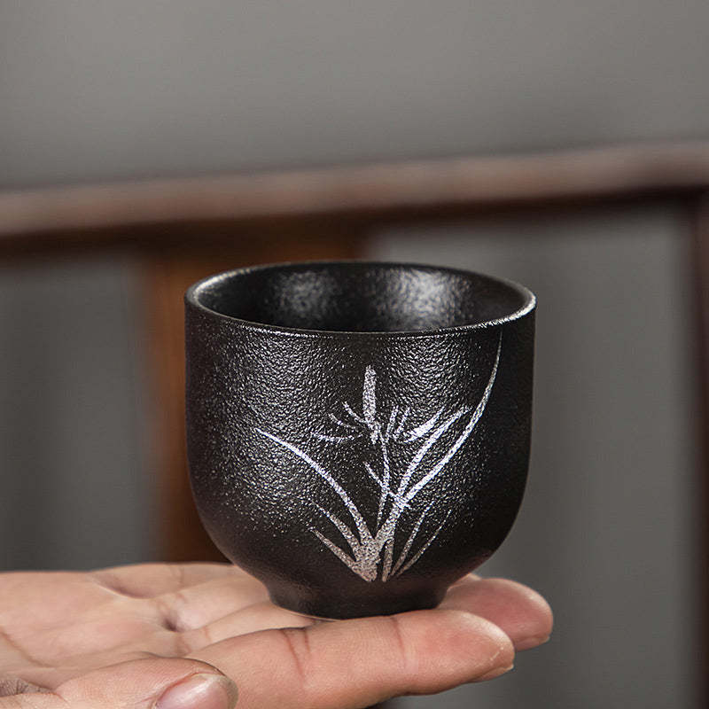 Hand Painted Lotus Flower Bamboo Chrysanthemum Black Pottery Ceramic Teacup Kung Fu Tea Cup 95ml
