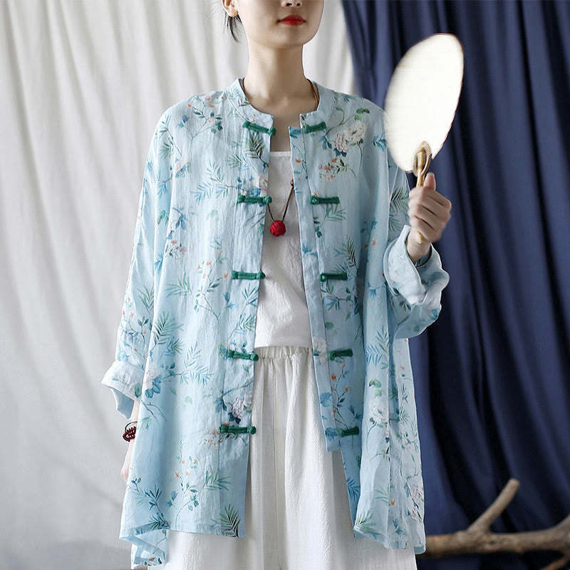 Light Green Pink Flowers Green Leaves Frog-Button Long Sleeve Ramie Linen Jacket Shirt