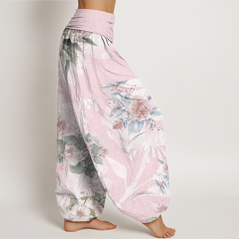 Flowers White Leaves Women's Elastic Waist Harem Pants