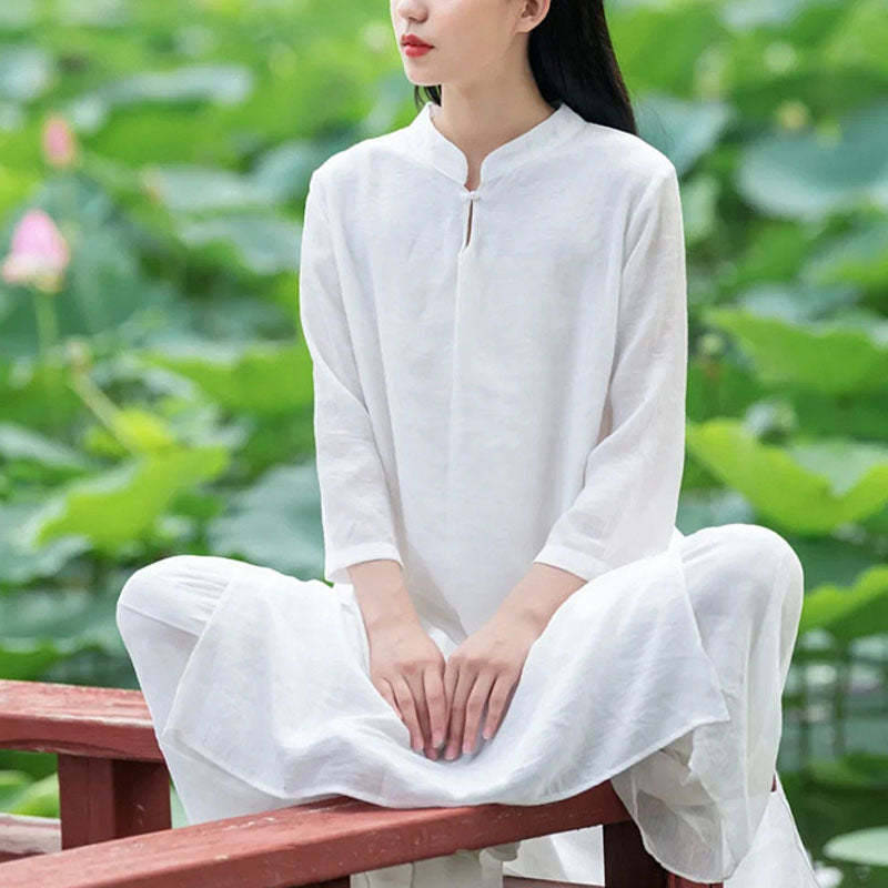 2Pcs White Tai Chi Meditation Yoga Zen Cotton Linen Clothing Top Pants Women's Set