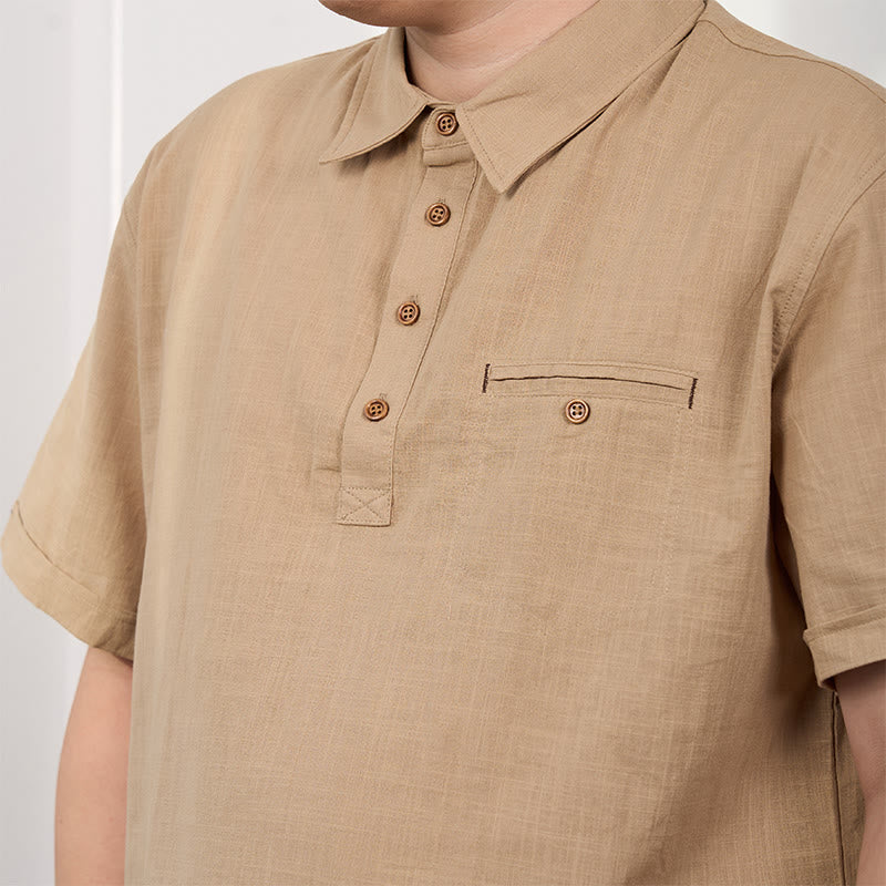 Men's Solid Color Button Short Sleeve Cotton?Linen Polo Shirt