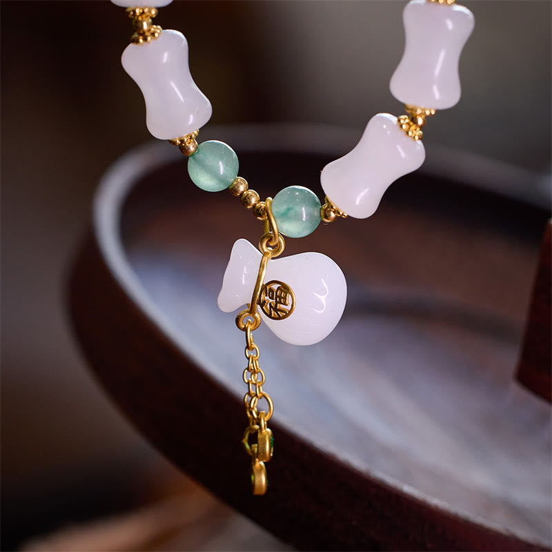 Natural White Golden Silk Jade Bamboo Pattern Wealth Lucky Bag Fu Character Bracelet