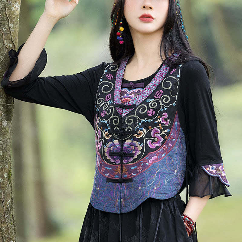 Vintage Frog-Button Embroidery Purple Flower Tang Suit Design Sleeveless Vest