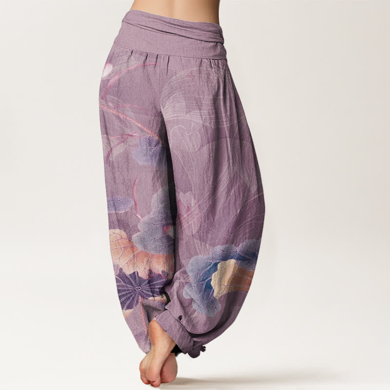 Lotus Flowers Leaves Pattern Women's Elastic Waist Harem Pants