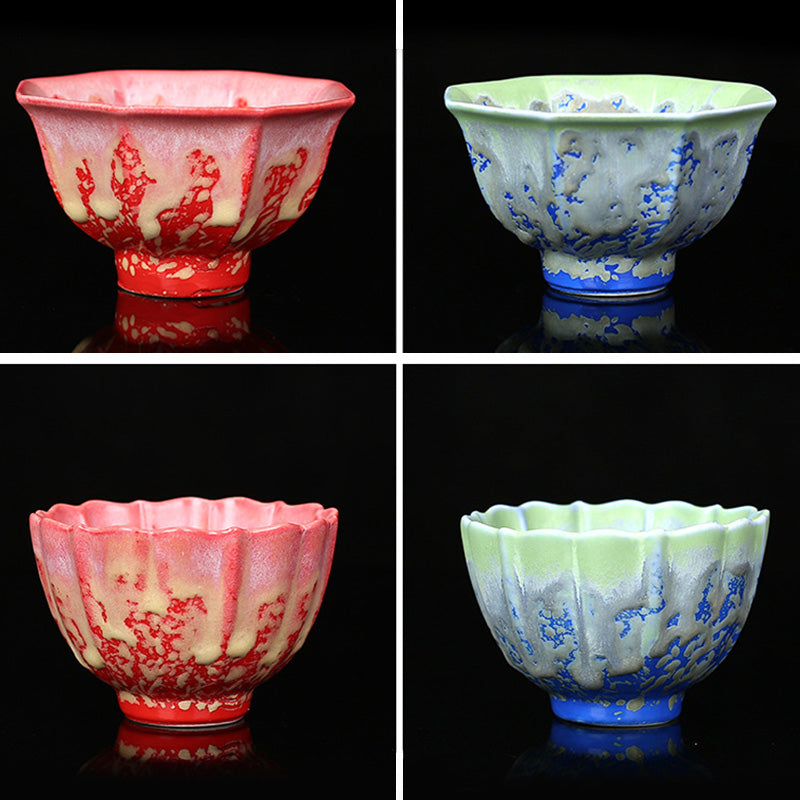 Retro Blue Red Gradient Lotus Pattern Kiln Change Ceramic Teacup Kung Fu Tea Cup Bowl
