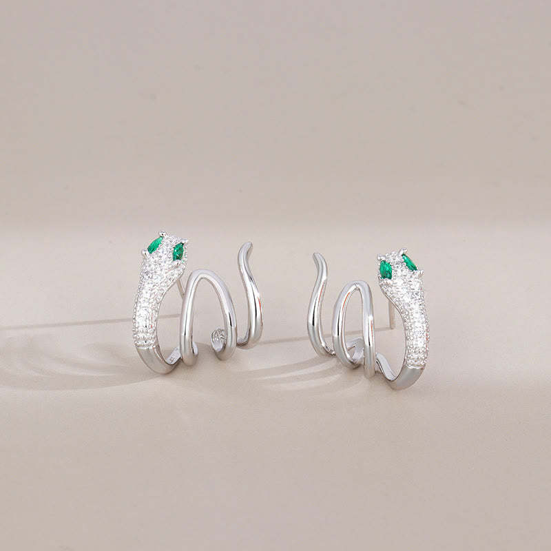 925 Sterling Silver Green-eyed Snake Shape Year Of The Snake Harmony Earrings