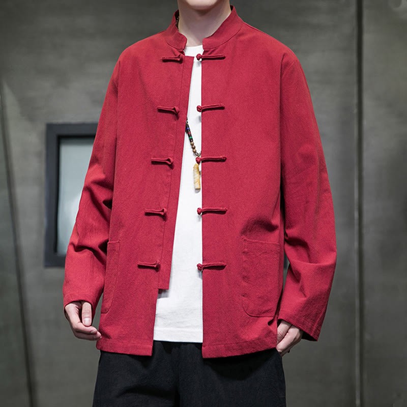 Solid Color Frog-button Tang Suit Cotton Linen Men's Jacket Shirt With Pockets