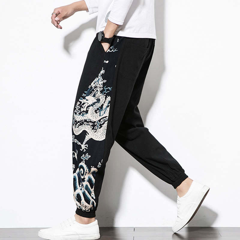 Summer Dragon Waves Cotton Men's Pants With Pockets