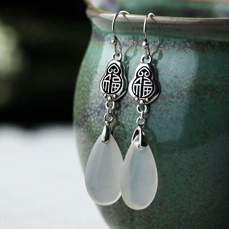 925 Sterling Silver Posts Natural Chalcedony Fu Character Positive Harmony Earrings