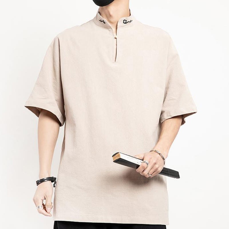 Chinese Tang Suit Embroidery Half Sleeve Shirt Linen Men Clothing