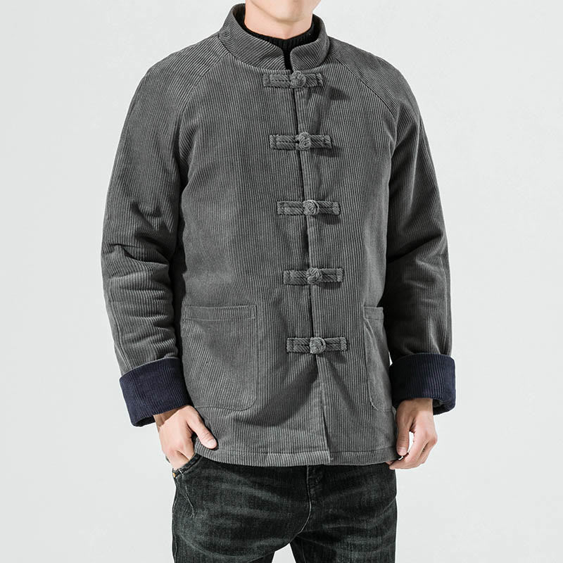 Frog-Button Chinese Tang Suit Stand Collar Long Shirt Corduroy Men Cotton Jacket Clothing