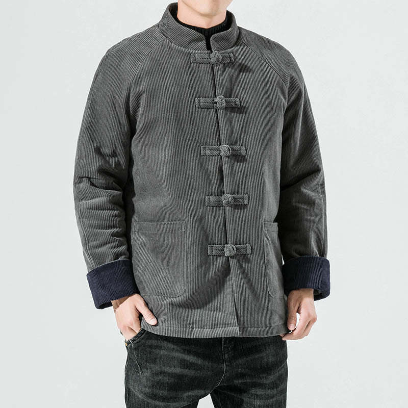 Frog-Button Chinese Tang Suit Stand Collar Long Shirt Corduroy Men Cotton Jacket Clothing