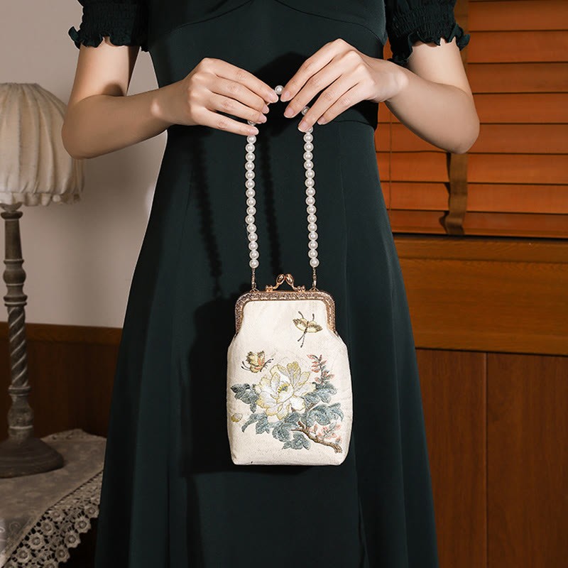 Small Flowers Butterfly Embroidered Pearl Metal Chain Shoulder Bag Crossbody Handbag Cellphone Bag