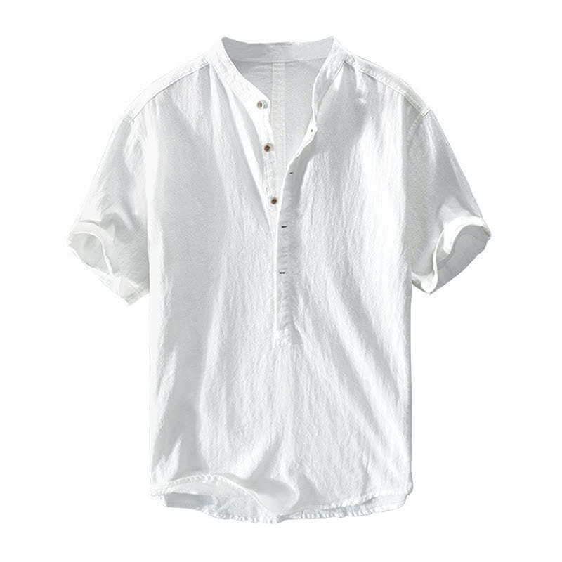Solid Color Short Sleeve Half Button Shirt Cotton Linen Men Clothing