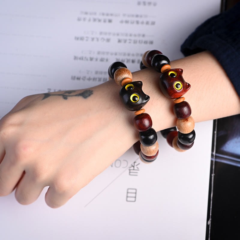 Small Leaf Red Sandalwood Ebony Wood Cute Cat Engraved Protection Bracelet