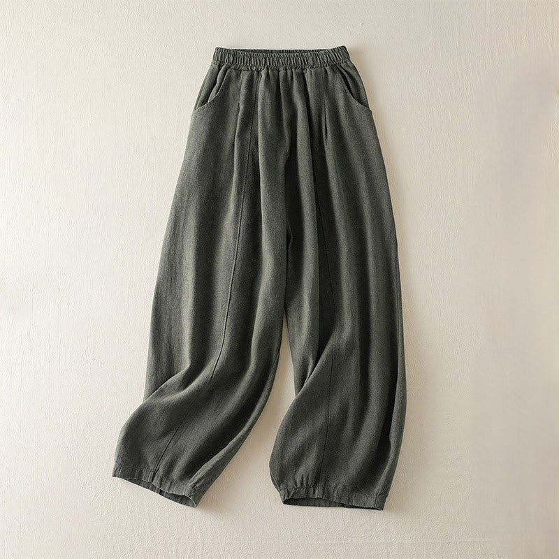 Plain Color Cotton Linen Women's Pants With Pockets