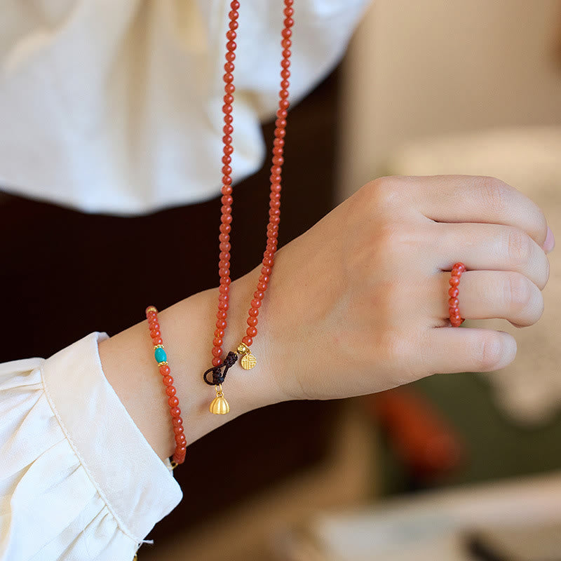 925 Sterling Silver Plated Gold Natural Red Agate Turquoise Confidence Bracelet Necklace Pendant Ring Set
