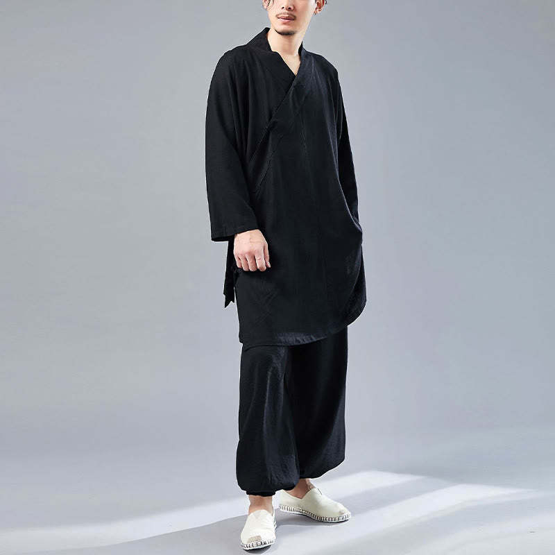 2Pcs V-Neck Men's Long Sleeve Shirt Top Pants Meditation Zen Tai Chi Cotton Linen Clothing Set