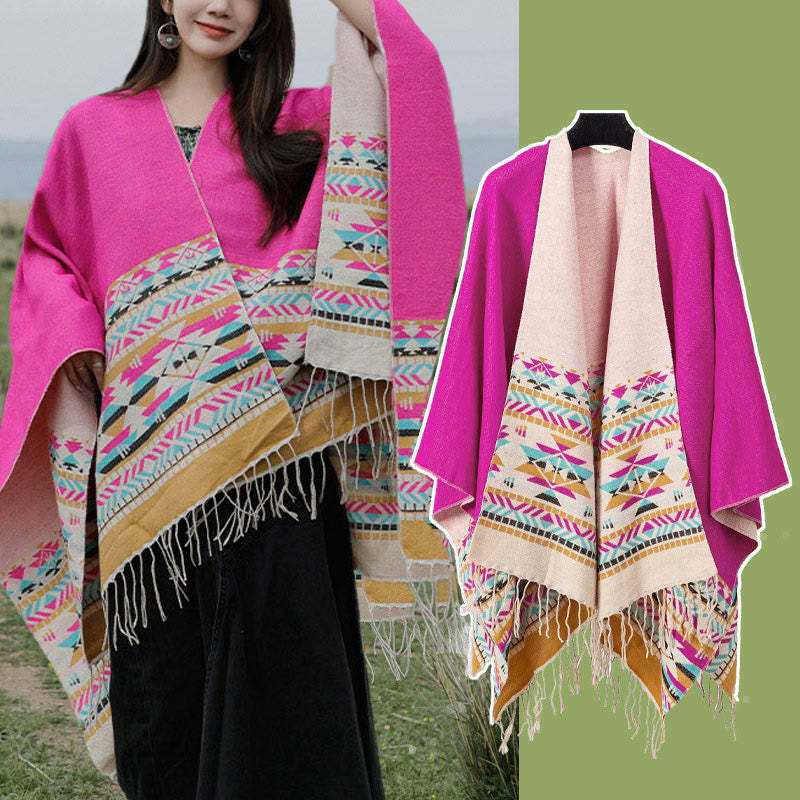 Tibetan Geometric Rhombus Pattern Tassels Shawl Fall Winter Warm Cozy Scarf Wrap