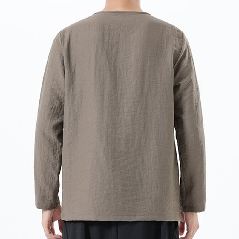 Men's Long Sleeve Round Collar Comfort Cotton Linen Shirt