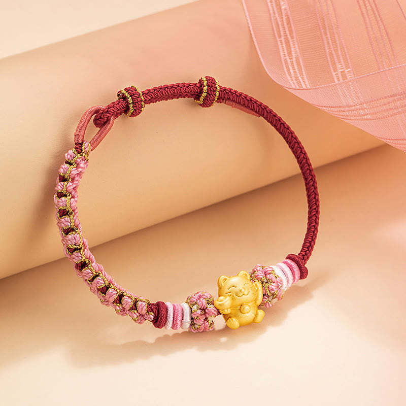 Handmade 999 Sterling Silver Fortune Cat Ingot Peach Blossom Luck?Red Rope Bracelet