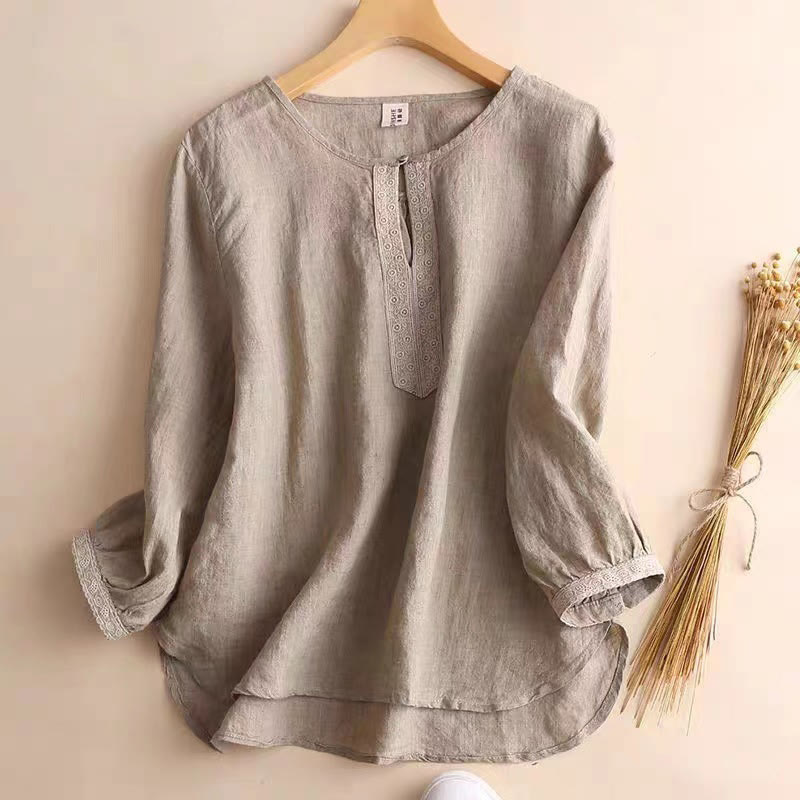 Casual Plain Women's Hollow Crew Neck Design Three Quarter Sleeve Cotton Linen Shirt