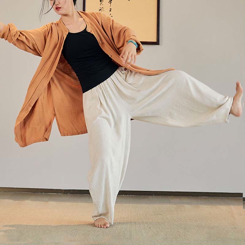Plain Long Sleeve Coat Jacket Top Wide Leg Pants Zen Tai Chi Yoga Meditation Clothing