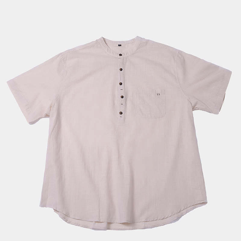 Men's Summer Solid Color Short Sleeve Half Button Cotton Linen Shirt