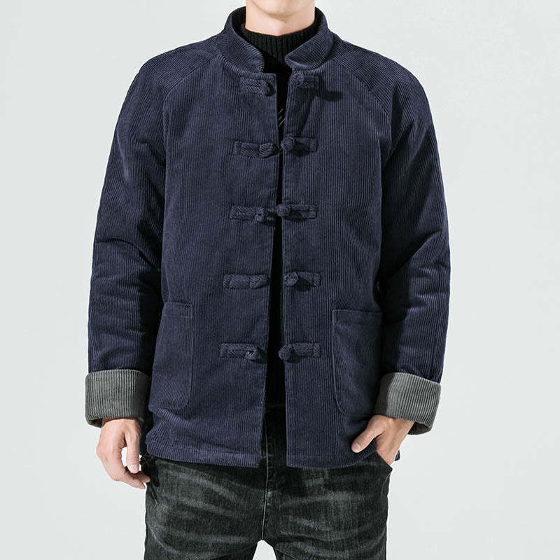 Frog-Button Chinese Tang Suit Stand Collar Long Shirt Corduroy Men Cotton Jacket Clothing