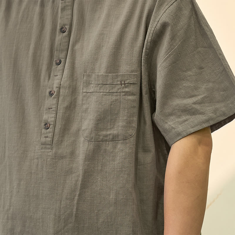 Men's Summer Solid Color Short Sleeve Half Button Cotton Linen Shirt