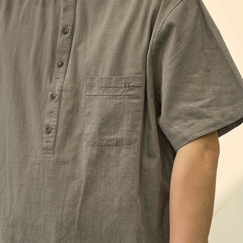 Men's Summer Solid Color Short Sleeve Half Button Cotton Linen Shirt