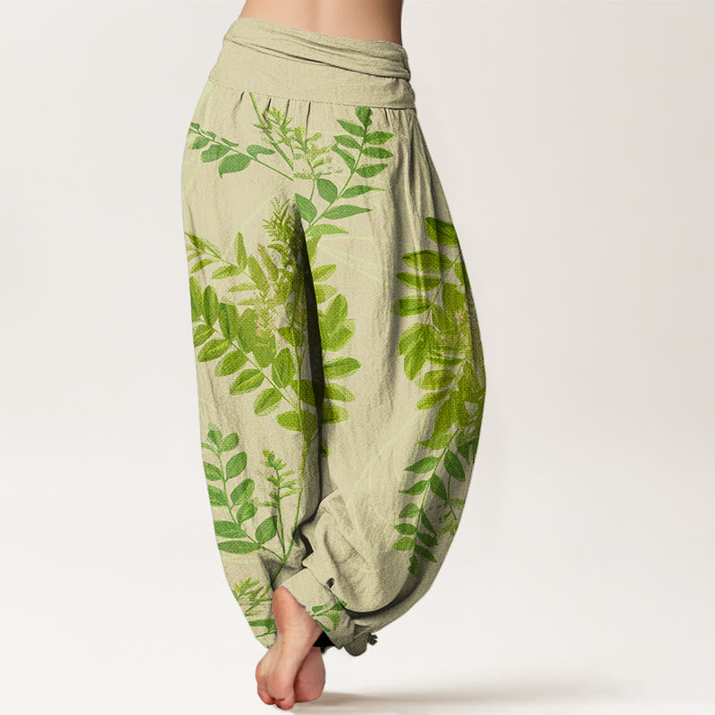 Green Leaves Branches Women's Elastic Waist Harem Pants