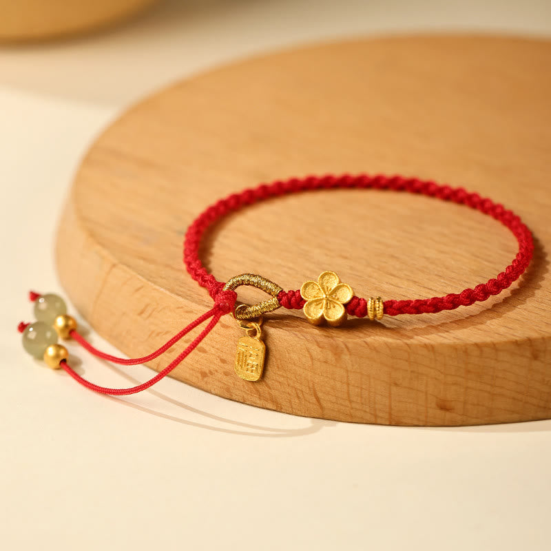 Hetian Jade Small Peach Blossom Fu Character Charm Luck String Bracelet