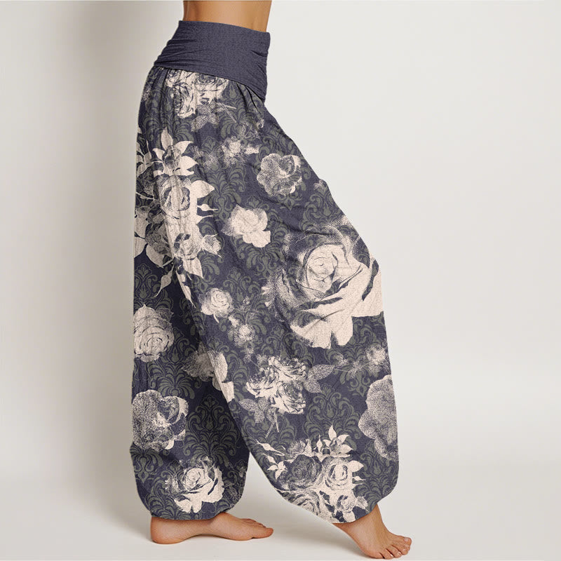 Casual White Roses Women's Elastic Waist Harem Pants