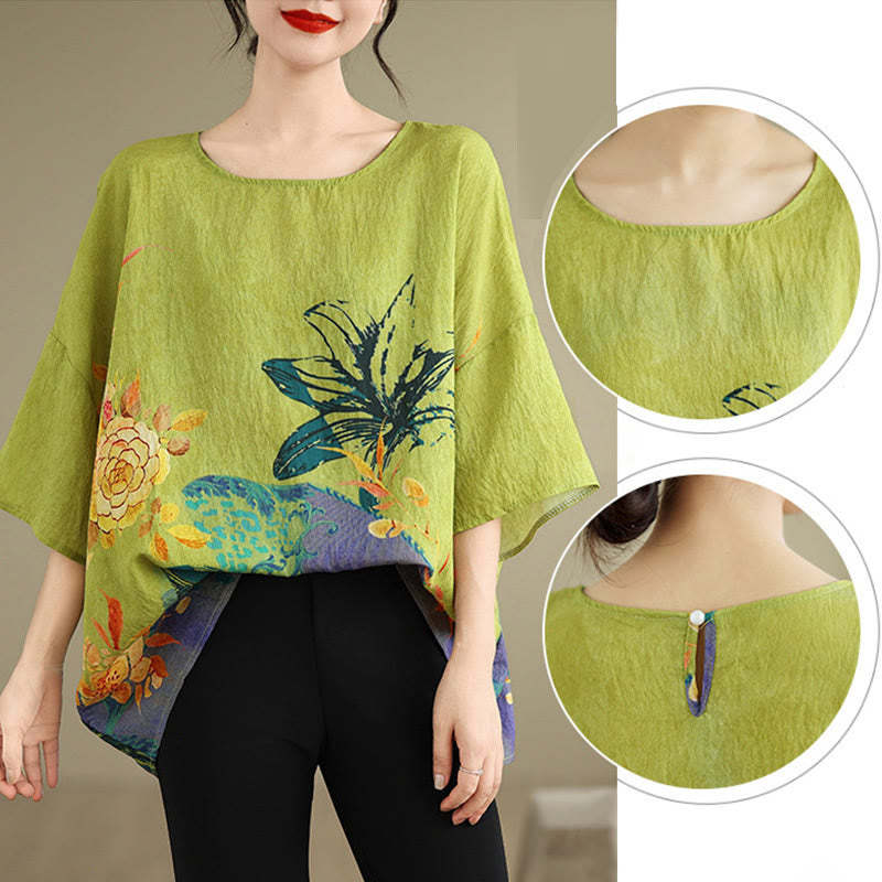 Yellow Green Flowers Three Quarter Sleeve Linen T-shirt Tee