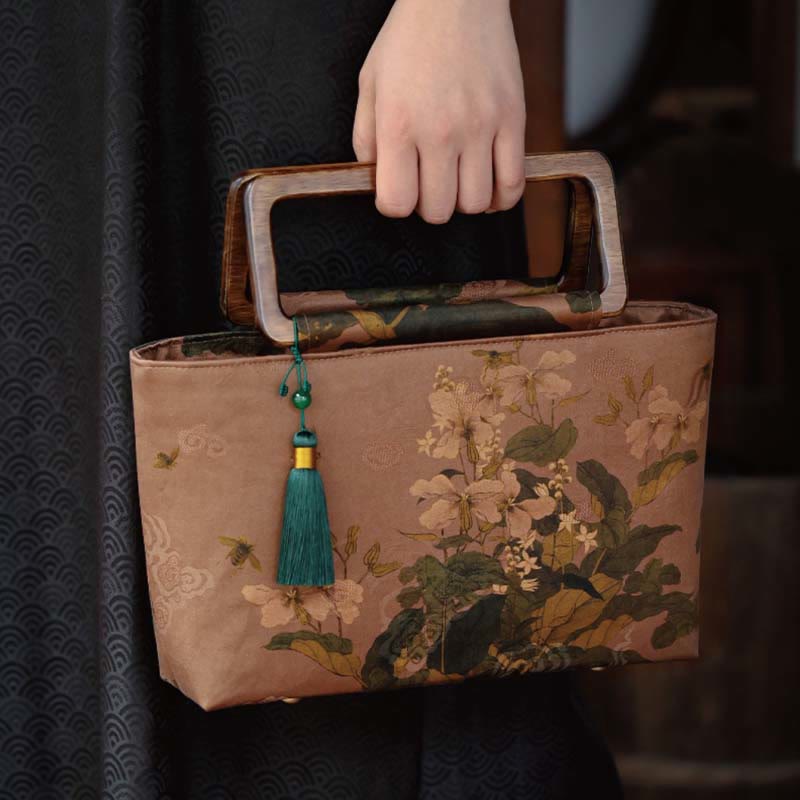 Vintage Brown Flowers Green Bamboo Leaves Wood Handles Zipper Handbag