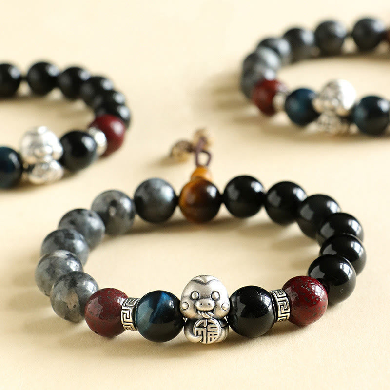 Black Glitter Stone Black Onyx 999 Sterling Silver Fu Character Copper Coin Year Of Snake Protection Bracelet