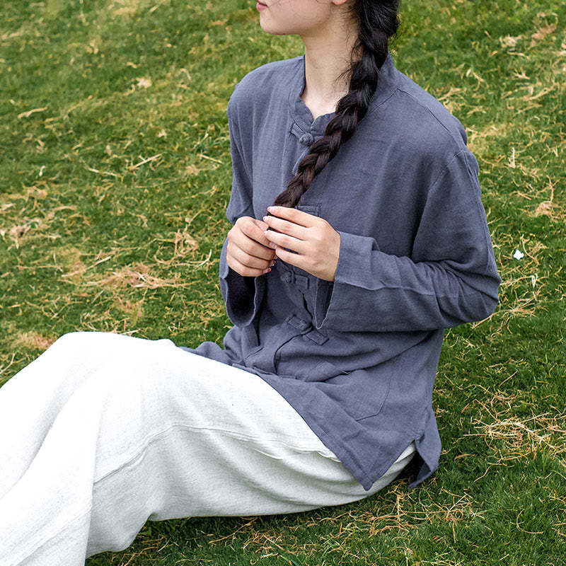 Solid Color Frog-button Long Sleeve Cotton Linen Women's Shirts With Pockets