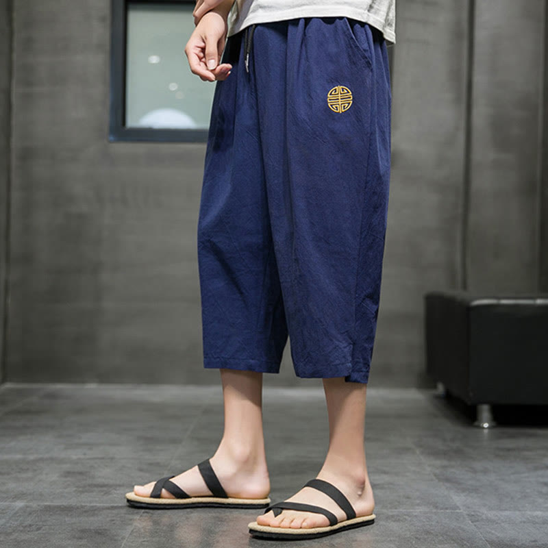 Summer Men's Linen Drawstring Cropped Pants With Pockets